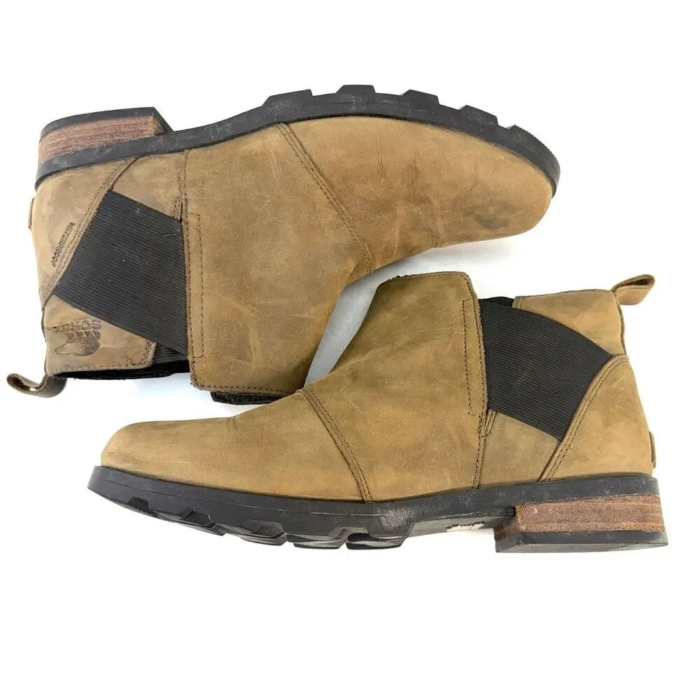 Sorel Emelie NL2671-245 Chelsea Women's 10 Tan Leather Ankle Pull On Boots Brown